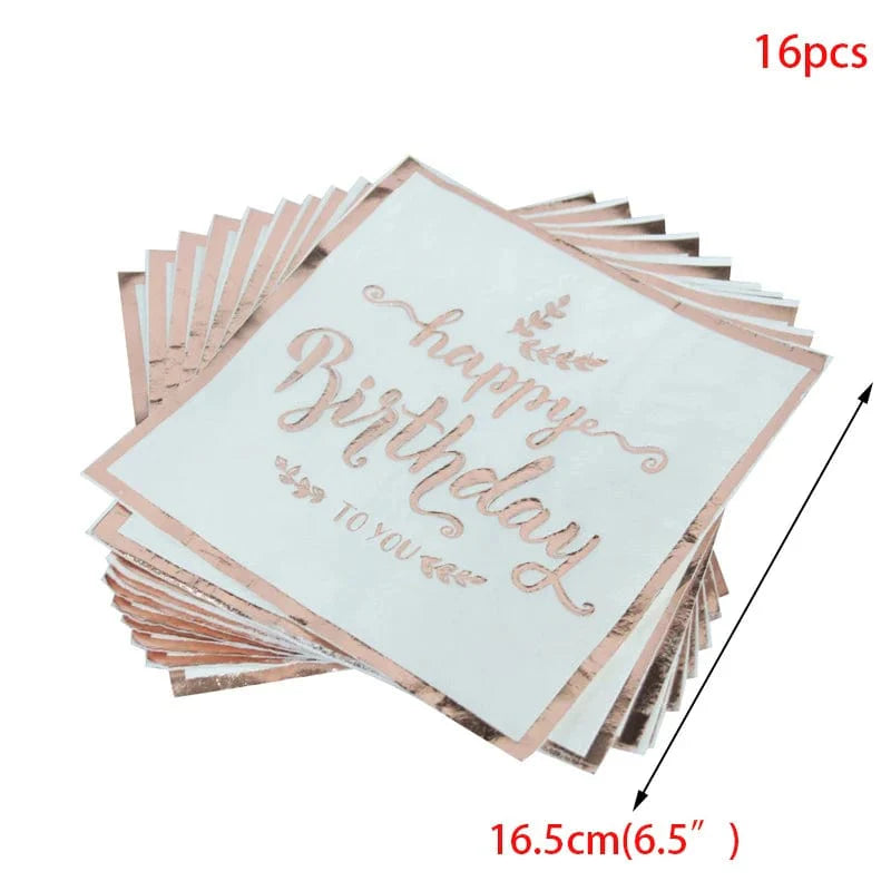 Rose gold disposable tableware set with paper plates, cups, and napkins for birthday parties and weddings, elegant event decor