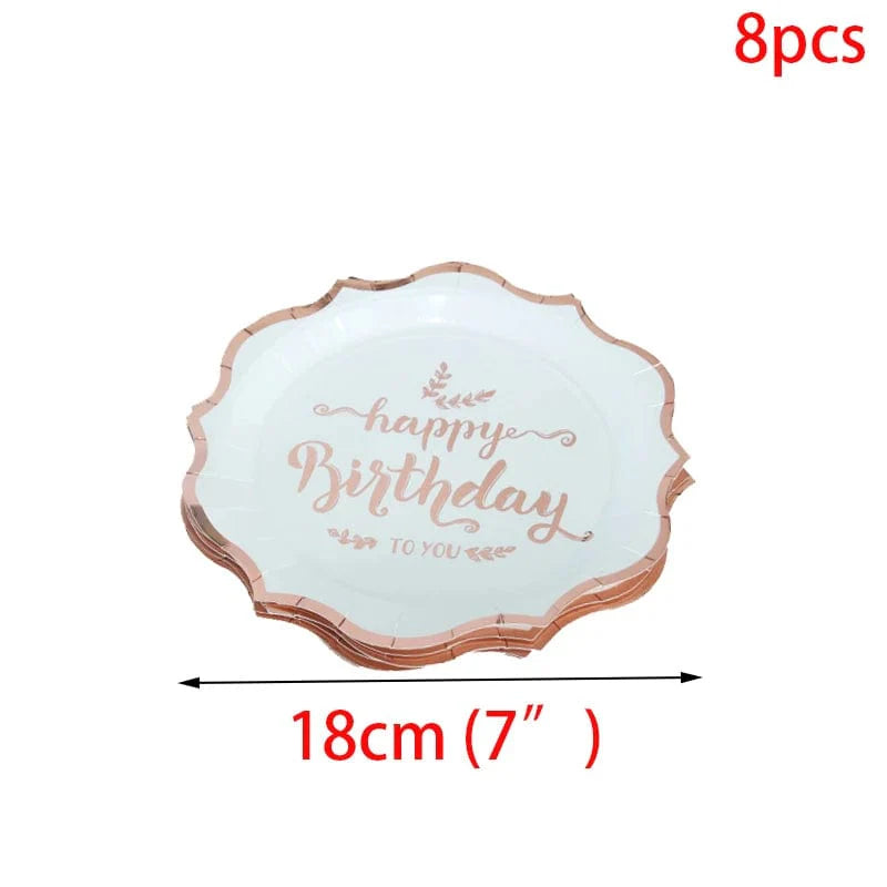 Rose gold disposable tableware set including paper plates, cups, and napkins for birthday parties and celebrations.