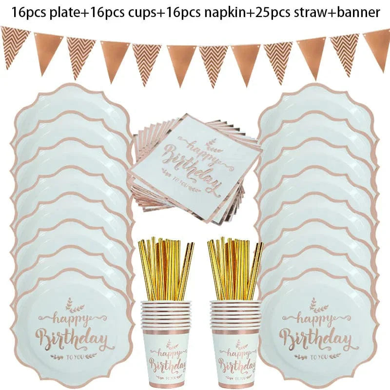 Rose gold disposable tableware set with paper plates, cups, napkins, and tablecloth for birthdays and weddings.