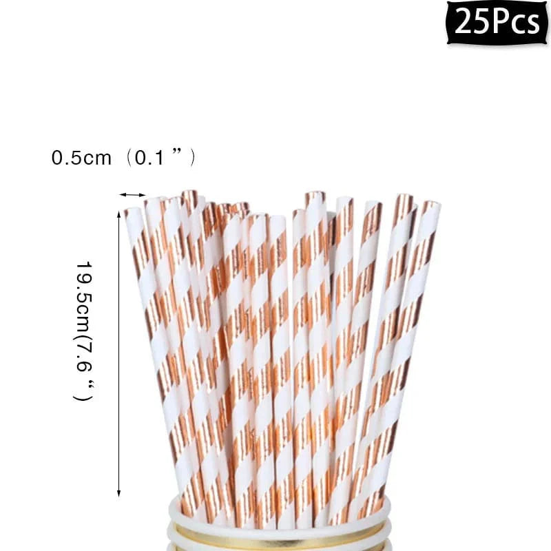 Rose gold disposable tableware set with paper plates, cups, and napkins for birthday parties and weddings