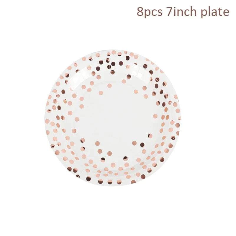Rose gold disposable tableware set with paper plates, cups, napkins, and tablecloth for birthday or wedding celebrations.