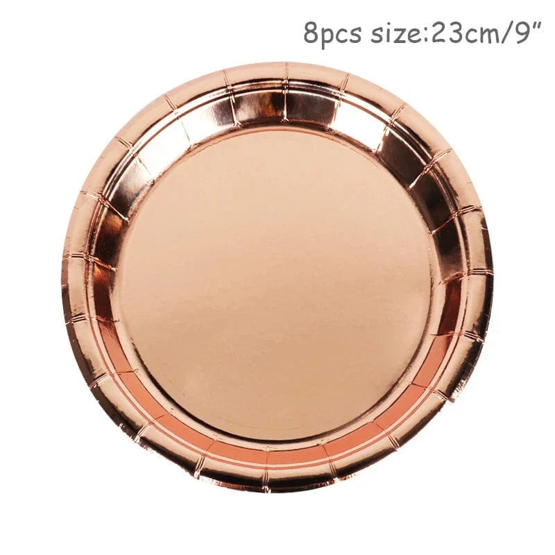 Rose gold disposable tableware set includes paper plates, cups, and napkins for birthday parties and weddings.