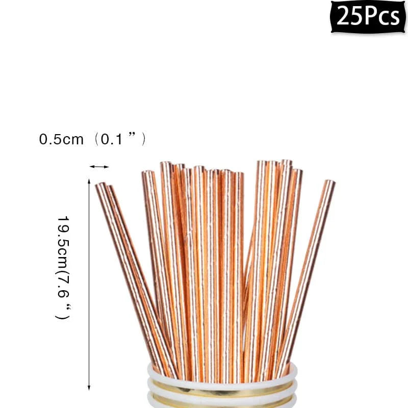 Rose gold disposable tableware set with paper plates, cups, and napkins for birthday parties and special occasions.