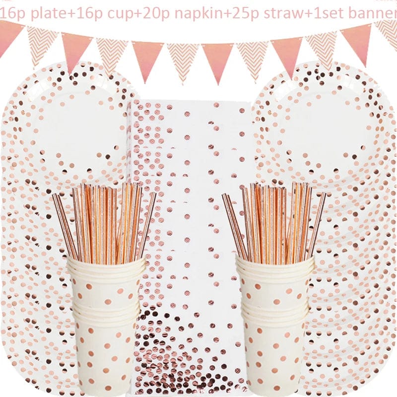 Rose gold disposable tableware set with paper plates, cups, and napkins for birthday or wedding celebrations