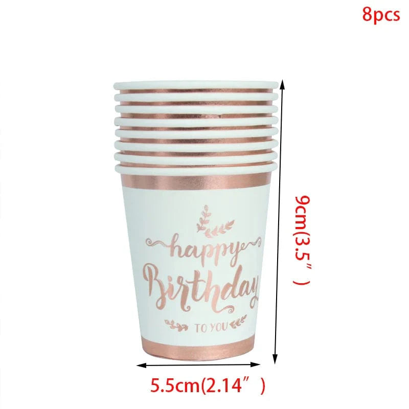 Rose gold disposable tableware set with paper plates, cups, and napkins for birthday parties and weddings, stylish and elegant.