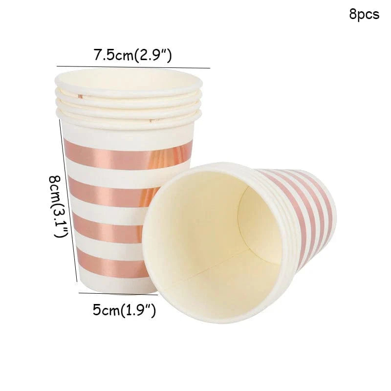 Rose gold disposable tableware set with paper plates, cups, and napkins for birthday parties and weddings.