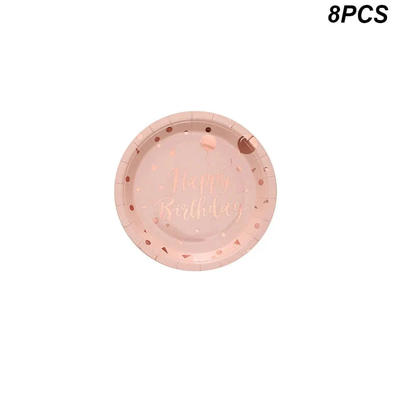 Rose gold disposable tableware set with paper plates, cups, and napkins for birthday parties and weddings.