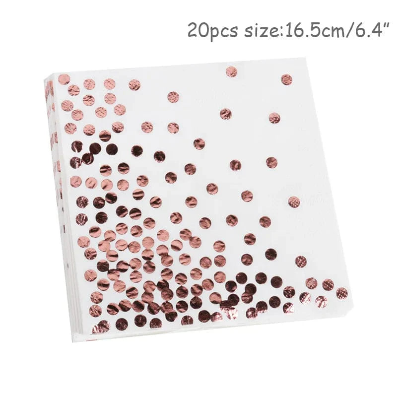 Rose gold disposable tableware set with paper plates, cups, and napkins for birthday parties and weddings.