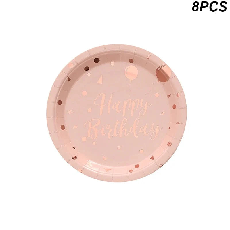 Rose gold disposable tableware set including paper plates, cups, and napkins for birthday parties and wedding celebrations.