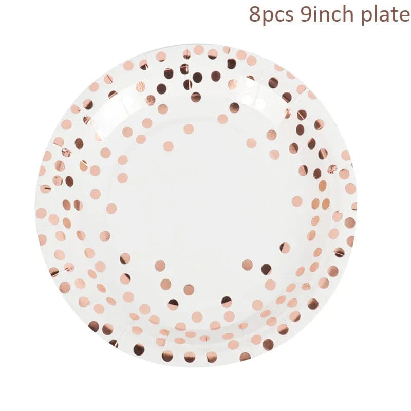 Rose gold disposable tableware set with paper plates, cups, and napkins for birthday and wedding celebrations