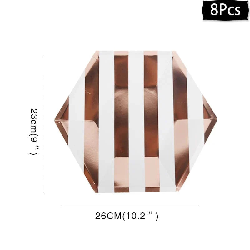 Rose gold disposable tableware set with paper plates, cups, and napkins for birthday parties and weddings, elegant and festive.