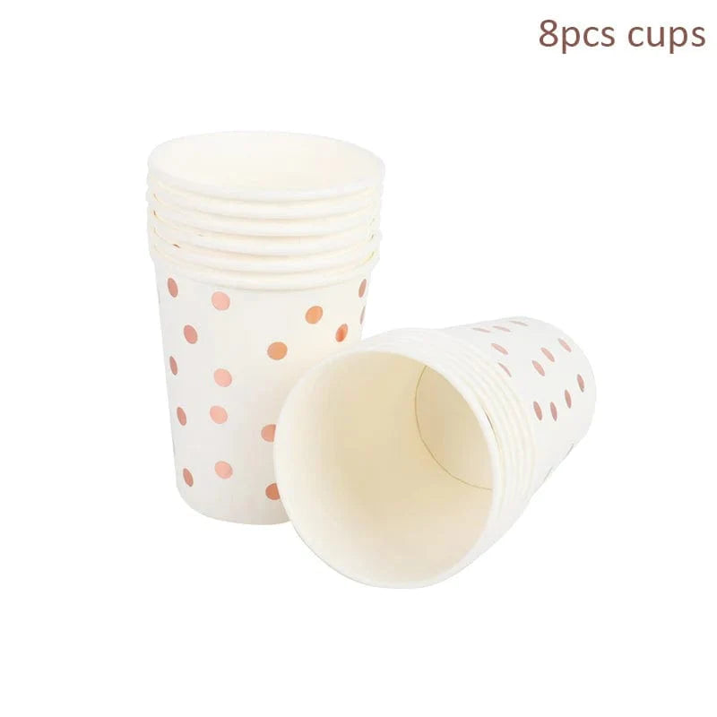 Rose gold disposable tableware set including paper plates, cups, and napkins for birthday parties and weddings.