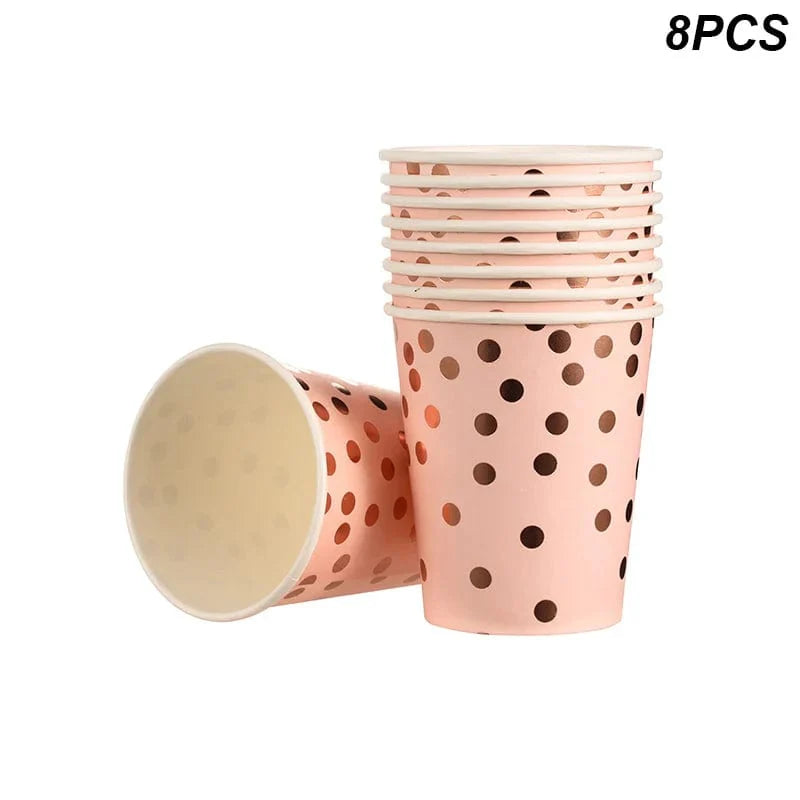 Rose Gold disposable tableware set with paper plates, cups, napkins, and tablecloth for birthday or wedding party decor.