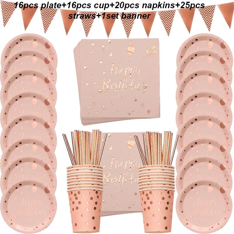 Rose gold disposable tableware set includes paper plates, cups, and napkins for birthday and wedding celebrations.