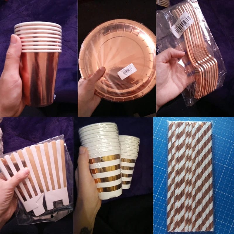 Rose gold disposable tableware set with paper plates, cups, and napkins for birthday parties and weddings.