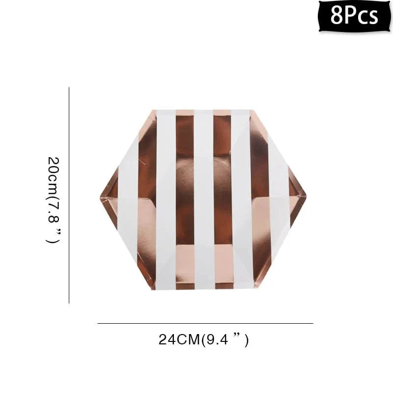 Rose gold disposable tableware set including paper plates, cups, and napkins for birthday parties and weddings.