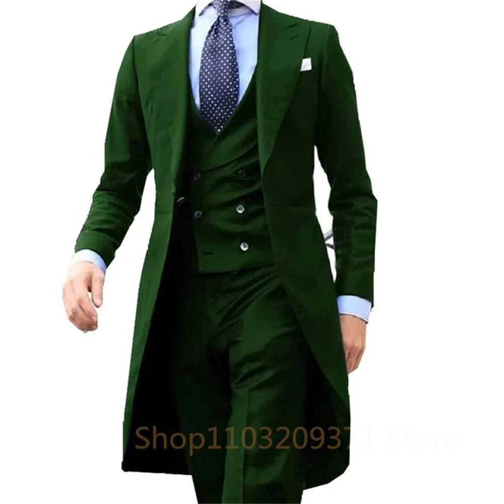 Royal blue 3-piece long tail tuxedo suit for men featuring jacket, waistcoat, and pants, ideal for weddings and proms.