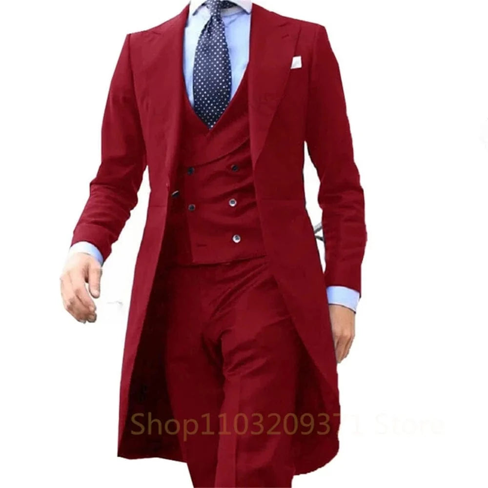 Royal blue 3-piece long tail tuxedo suit for men, featuring a jacket, waistcoat, and pants, ideal for wedding and prom occasions