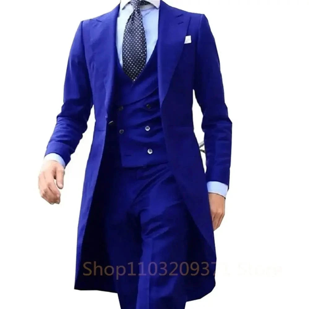 Royal blue 3-piece long tail tuxedo suit for men, including jacket, waistcoat, and pants, ideal for wedding or prom attire.