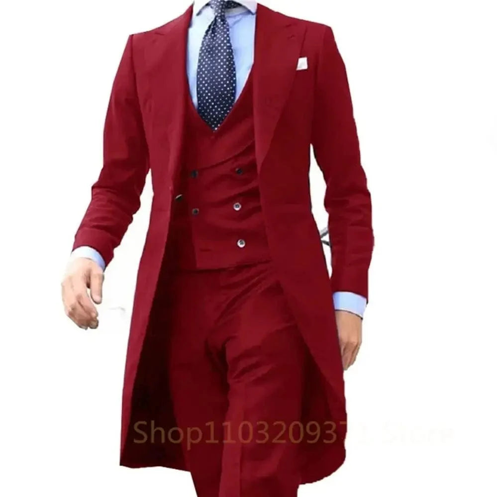 Royal blue 3-piece long tail tuxedo suit for men, featuring a coat, waistcoat, and pants, ideal for wedding or prom attire.