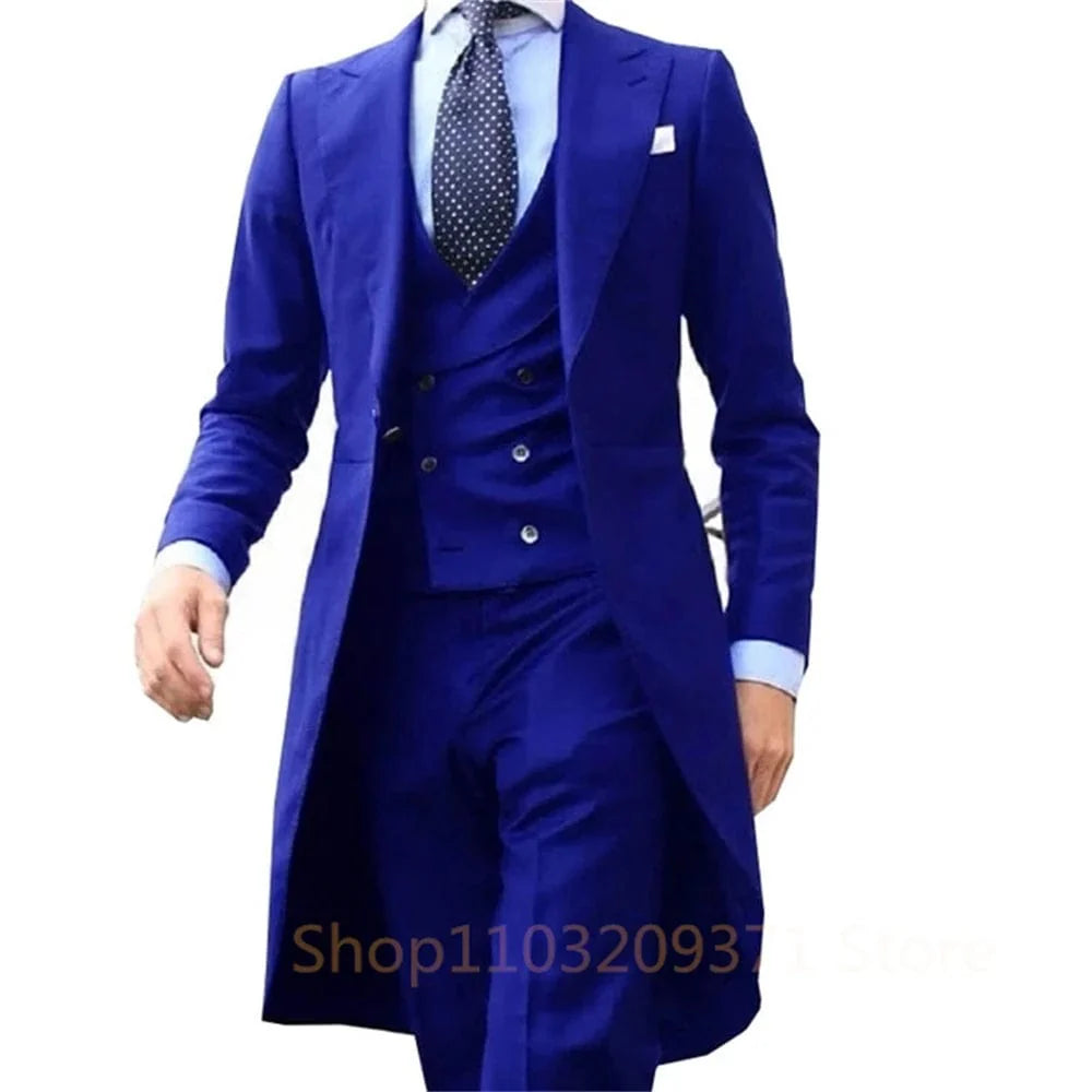 Royal blue 3-piece tuxedo suit for men, including long tail coat, waistcoat, and pants, suitable for wedding or prom events.
