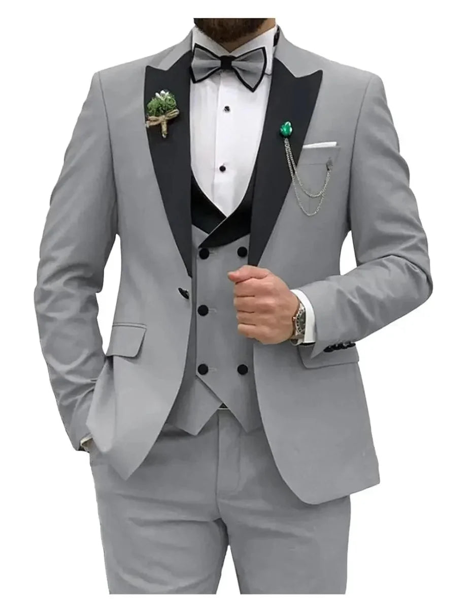 Royal blue 3-piece men's slim fit suit with double-breasted blazer, vest, and pants, ideal for formal weddings and parties.