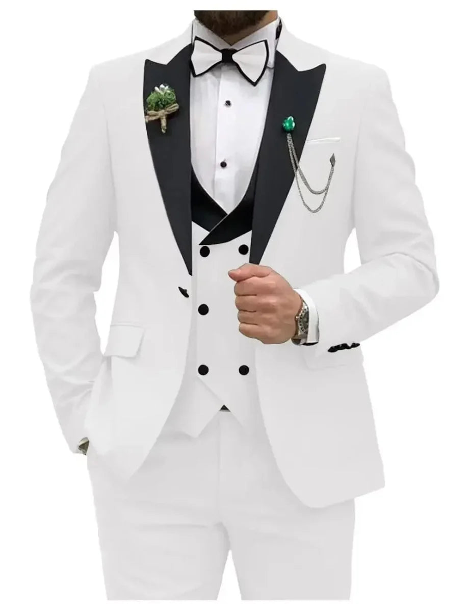 Royal blue men's 3-piece slim fit suit with double-breasted blazer, vest, and pants, perfect for formal occasions and weddings.