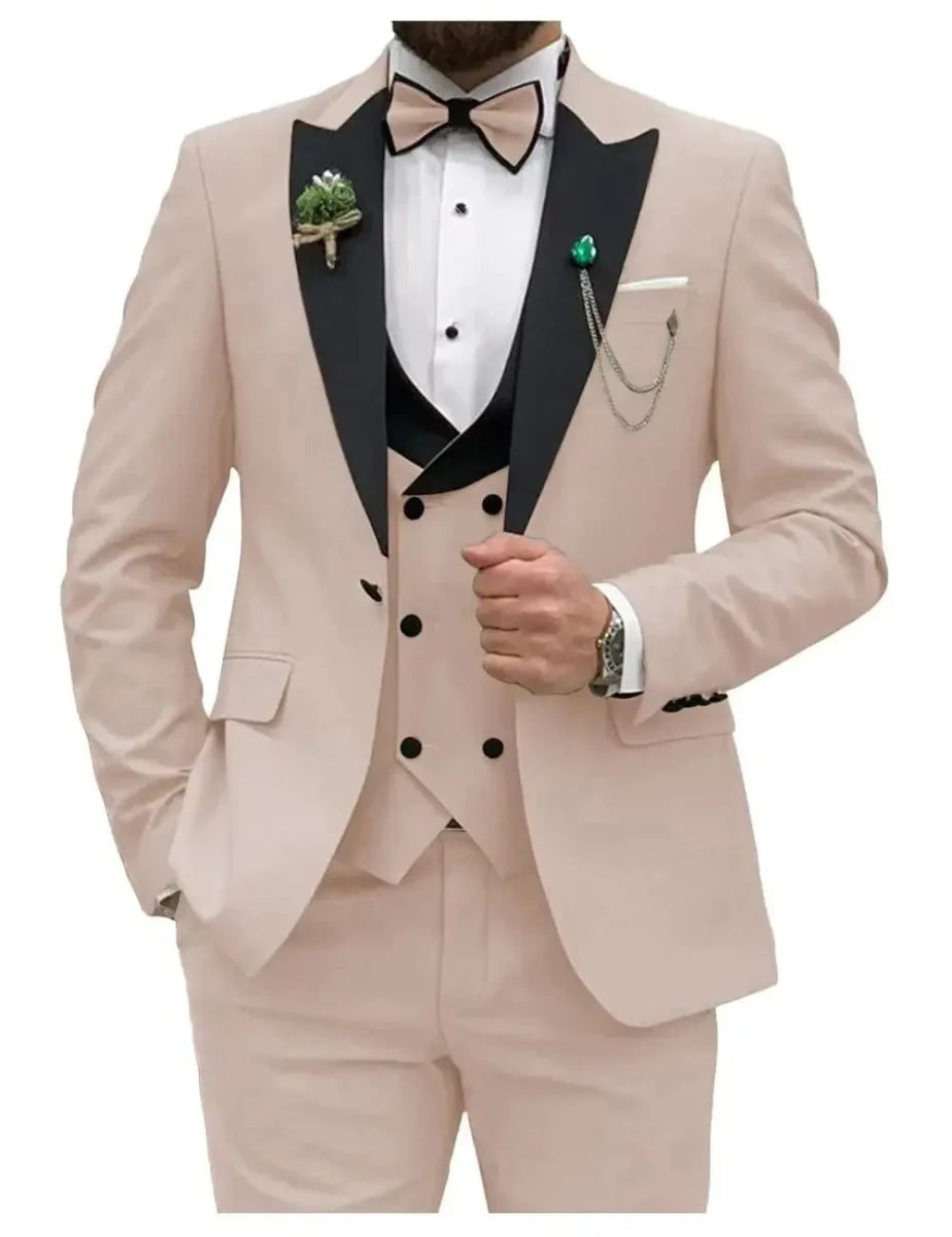 Royal blue 3-piece slim fit men's suit with double-breasted blazer, vest, and pants, ideal for formal weddings, prom, and parties.
