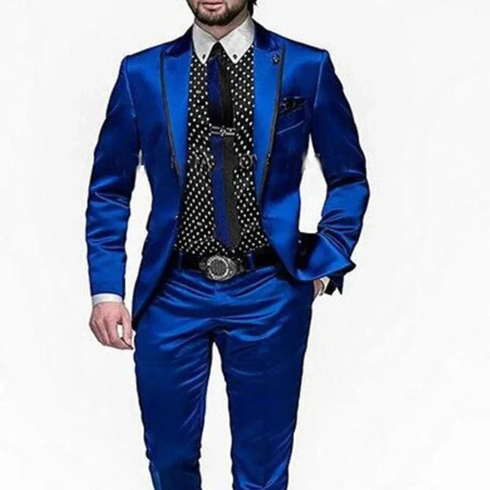 Royal blue satin men's 2-piece slim fit suit with shawl lapel, perfect for formal events, parties, and weddings.