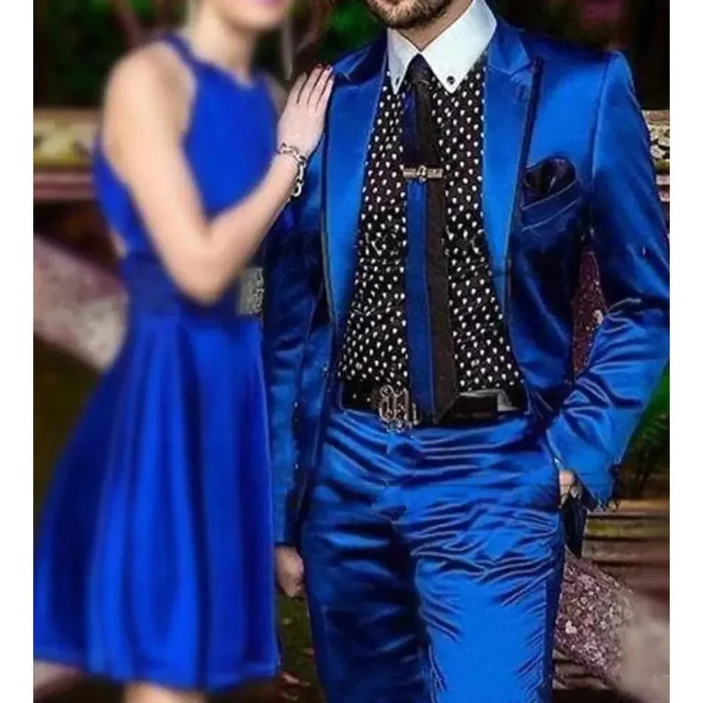 Royal blue satin men's 2-piece slim fit suit with shawl lapel, perfect for formal events, parties, and weddings.