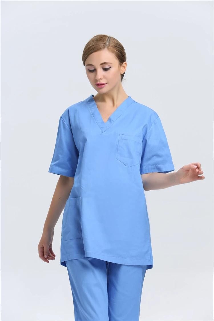 Royal blue Showlu unisex medical scrubs set with v-neck short sleeves, hospital uniform for doctors and healthcare professionals.