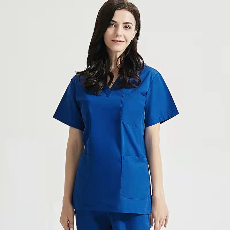 Royal blue Showlu unisex medical scrubs set with V-neck short sleeves, hospital uniform for healthcare professionals.