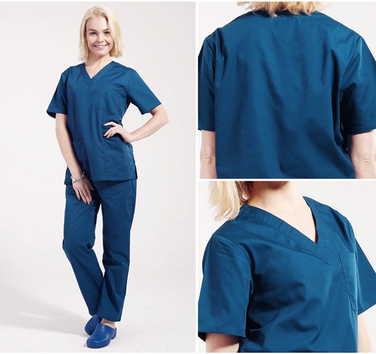 Royal blue Showlu unisex medical scrubs set with V-neck short sleeves, hospital uniform for doctors and healthcare professionals.