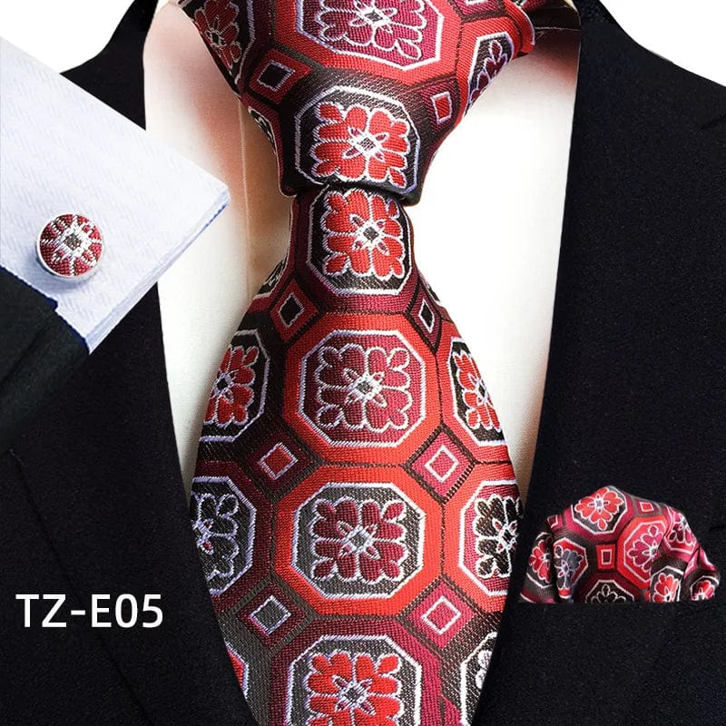 SHOWLU Men's royal paisley striped silk tie set with pocket square, cufflinks, and accessories in jacquard woven design.