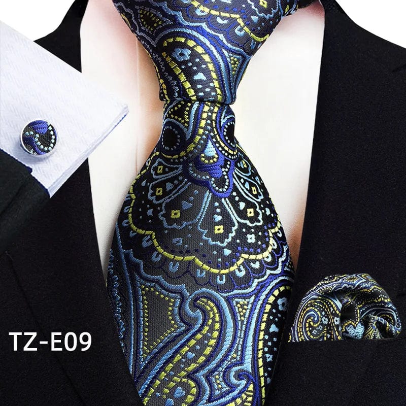 SHOWLU Men's royal paisley striped silk tie set with pocket square, cufflinks, and accessories in jacquard woven design.