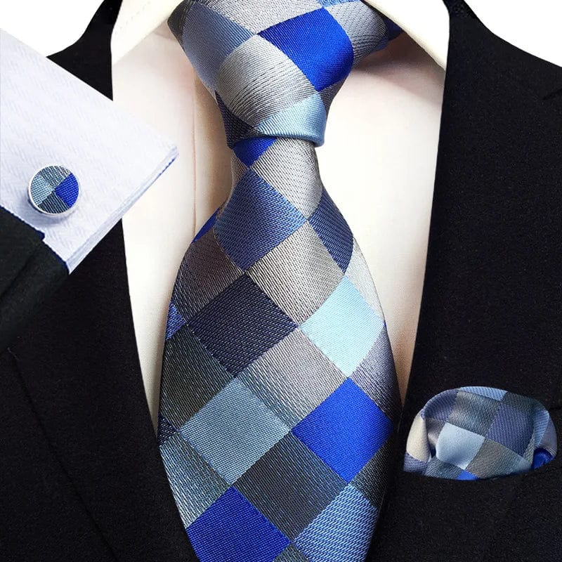 SHOWLU Men's royal paisley striped silk tie set with pocket square, cufflinks, and accessories in jacquard woven design.
