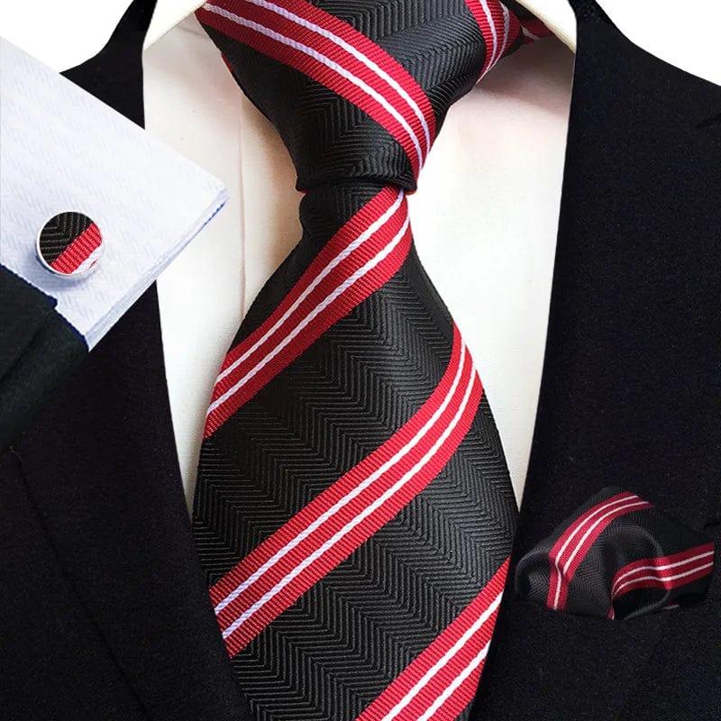 SHOWLU Men's royal paisley striped silk tie set with pocket square, cufflinks, and accessories, featuring jacquard woven 8cm necktie.