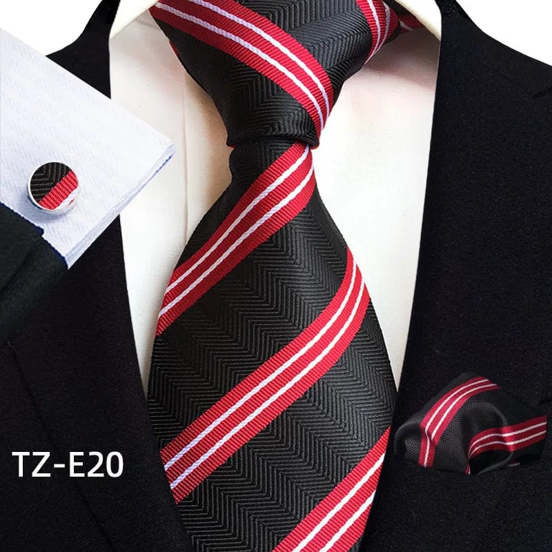 SHOWLU men's royal paisley striped silk tie set with pocket square, cufflinks, and accessories in jacquard woven design.