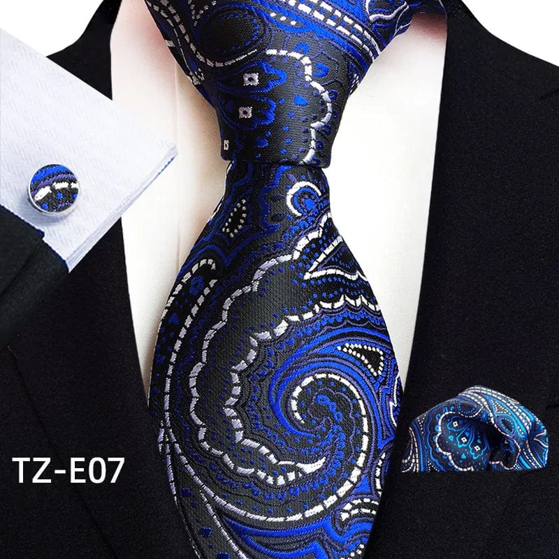 SHOWLU Men's Royal Paisley Striped Tie Set with 8cm Jacquard woven silk tie, pocket square, and cufflinks for formal wear.