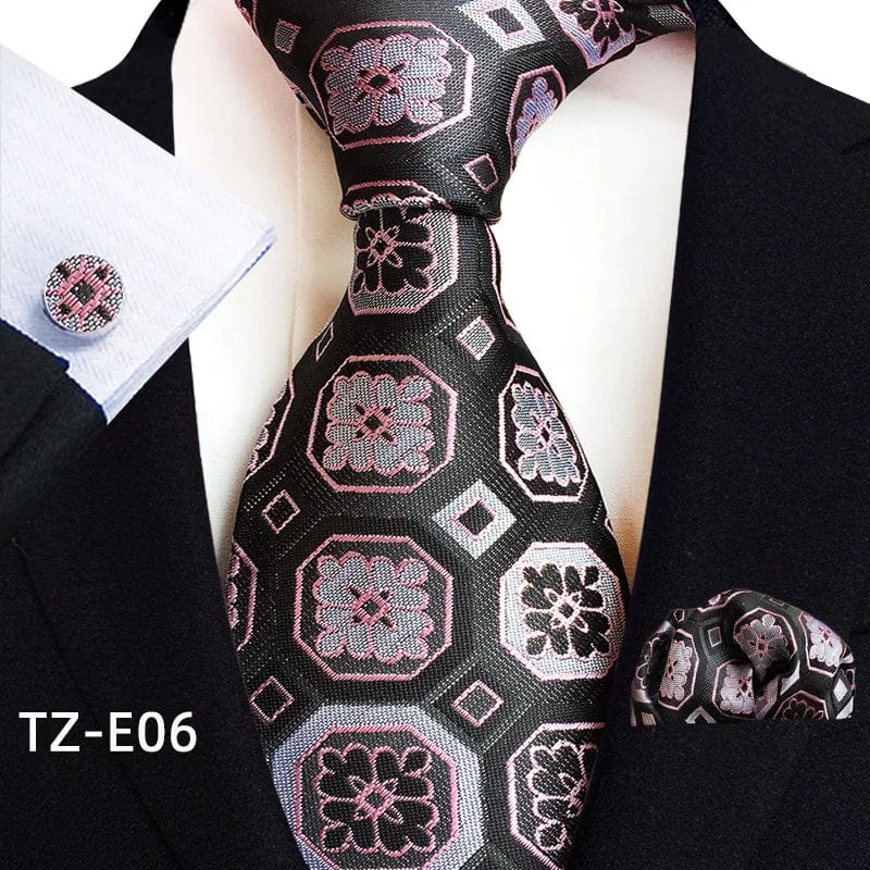 SHOWLU Men's royal paisley striped silk tie set with pocket square, cufflinks, and accessories, woven jacquard pattern.