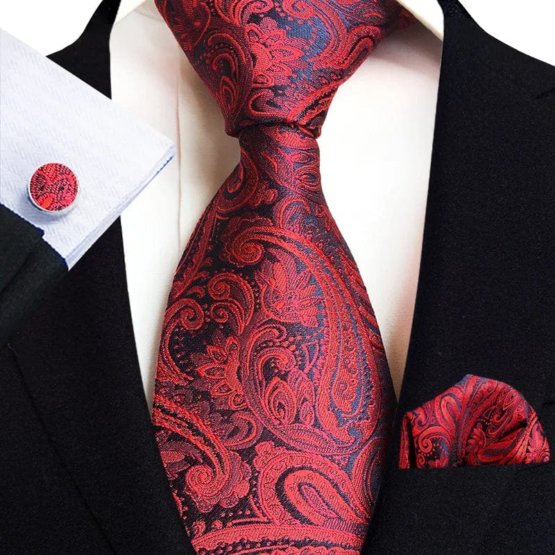 SHOWLU Men's royal paisley striped silk tie set with pocket square, cufflinks, and accessories, featuring 8cm jacquard woven design.