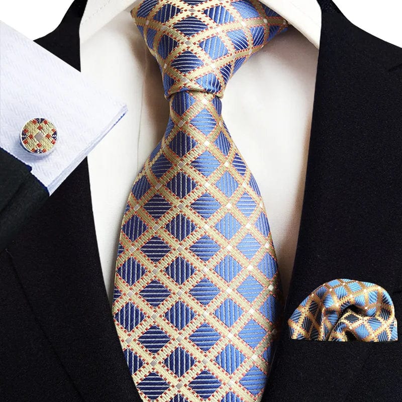 SHOWLU Men's Royal Paisley Striped Tie Set with 8cm jacquard woven silk necktie, pocket square, and cufflinks for formal attire