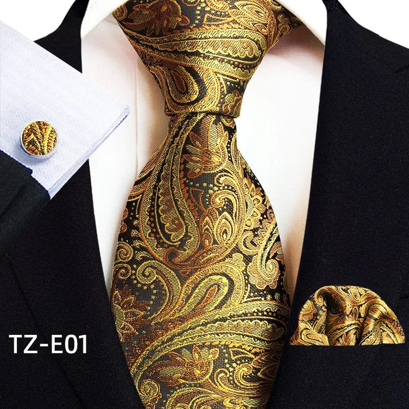 SHOWLU Men's royal paisley striped silk tie set with pocket square and cufflinks, featuring 8cm jacquard woven necktie and accessories.
