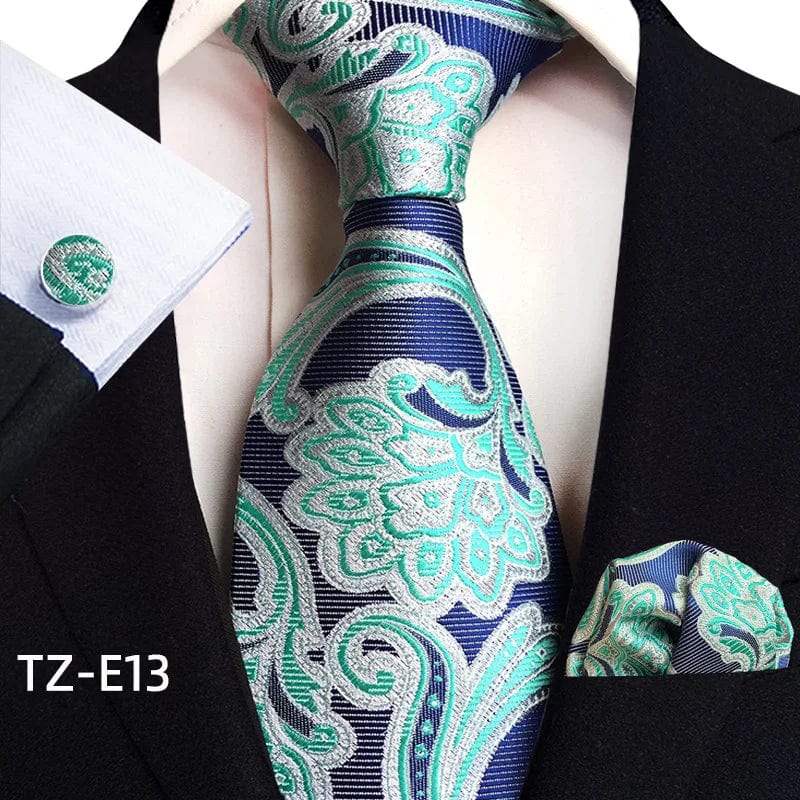 Royal paisley striped silk tie set for men by SHOWLU, includes pocket square and cufflinks, jacquard woven design.