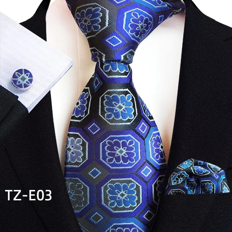 SHOWLU Men's royal paisley striped silk tie set with pocket square, cufflinks, and accessories in jacquard woven design.
