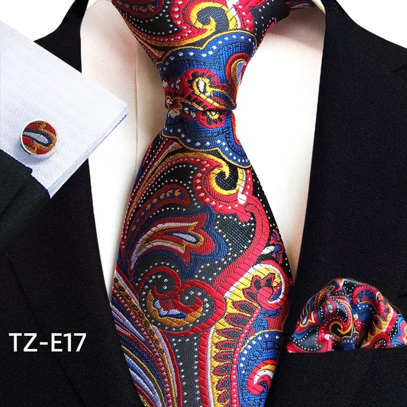 SHOWLU Men's royal paisley striped silk tie set with pocket square and cufflinks, featuring 8cm jacquard woven design and luxury style.