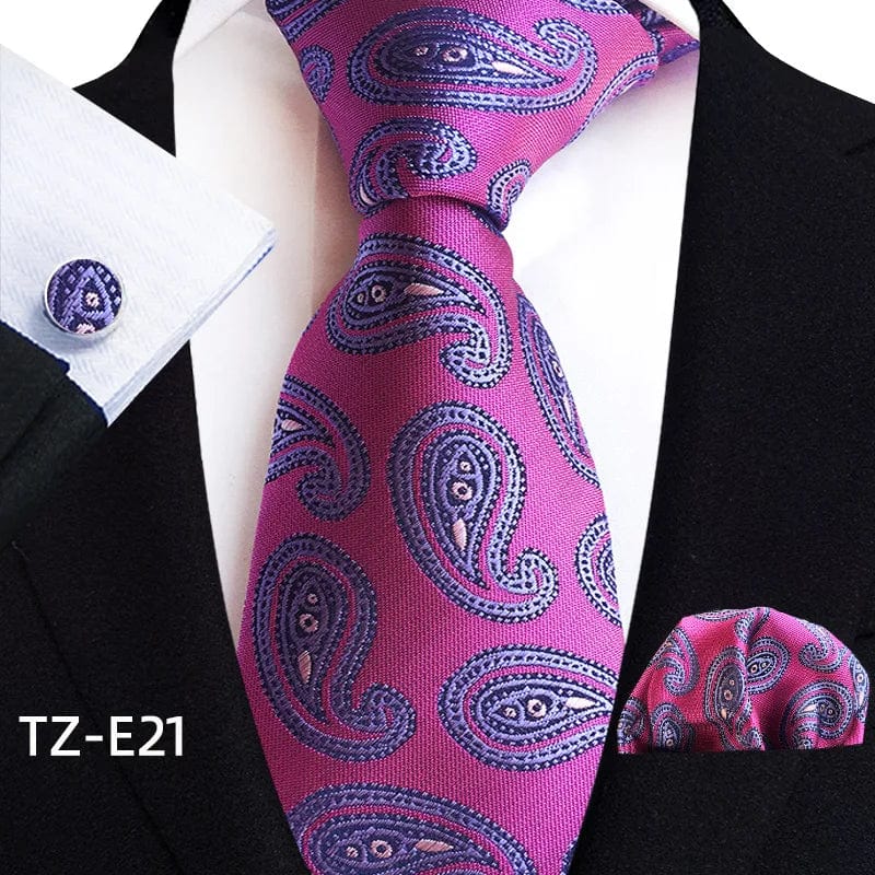 SHOWLU Men's royal paisley striped tie set with jacquard woven silk, including pocket square and cufflinks, for formal suits