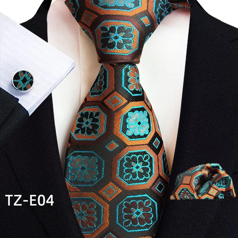 Royal paisley striped silk tie set for men with 8cm jacquard woven necktie, pocket square, and cufflinks, luxury men's accessories.