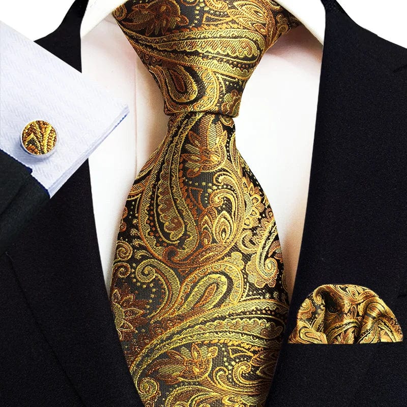 Royal paisley striped tie set for men with silk jacquard woven 8cm necktie, pocket square, and cufflinks for formal suits.
