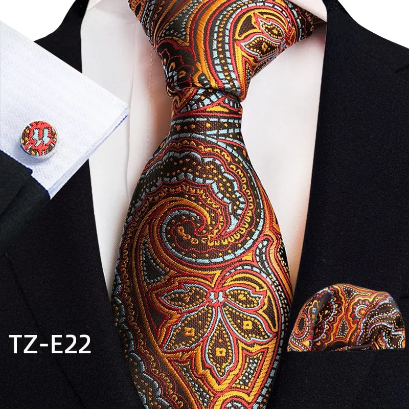 SHOWLU Men's royal paisley and striped silk tie set with matching pocket square, cufflinks, and accessories in jacquard weave.